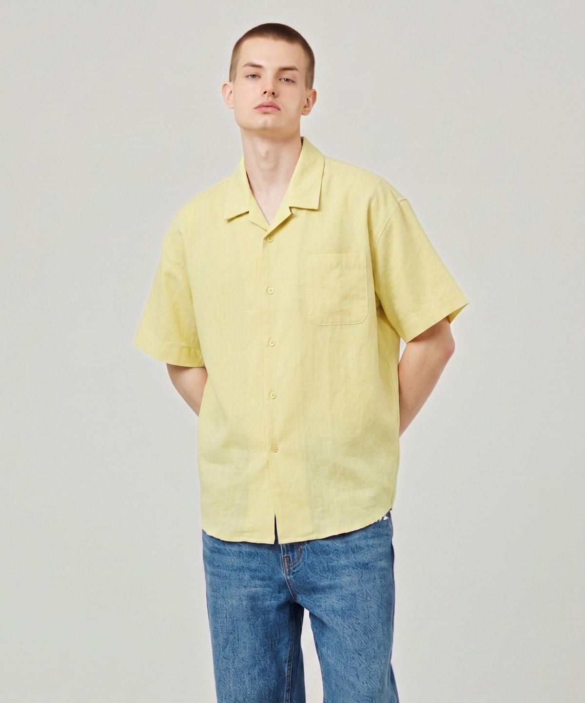 이즈(EASE) LINEN OPEN COLLAR 1/2SHIRTS_YELLOW