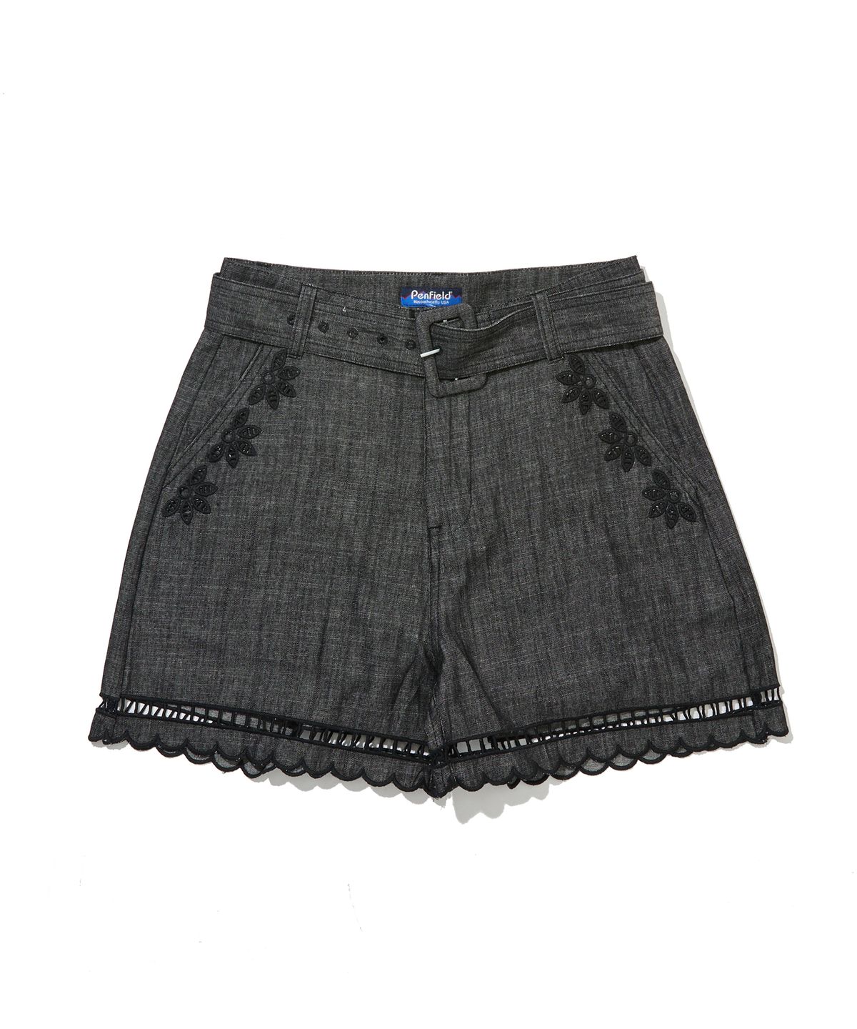 펜필드(PENFIELD) 레이저 커팅 엠브로이더리 데님 숏팬츠 블랙_FS2WP47F