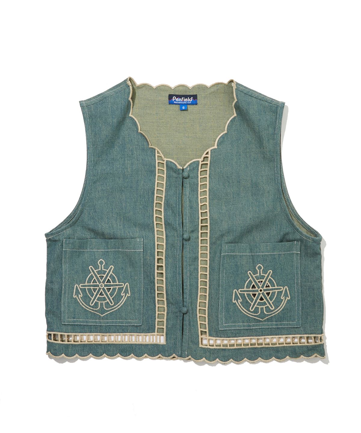 펜필드(PENFIELD) 앵커 레이저 커팅 엠브로이더리 데님 베스트 스카이블루_FS2WV07U