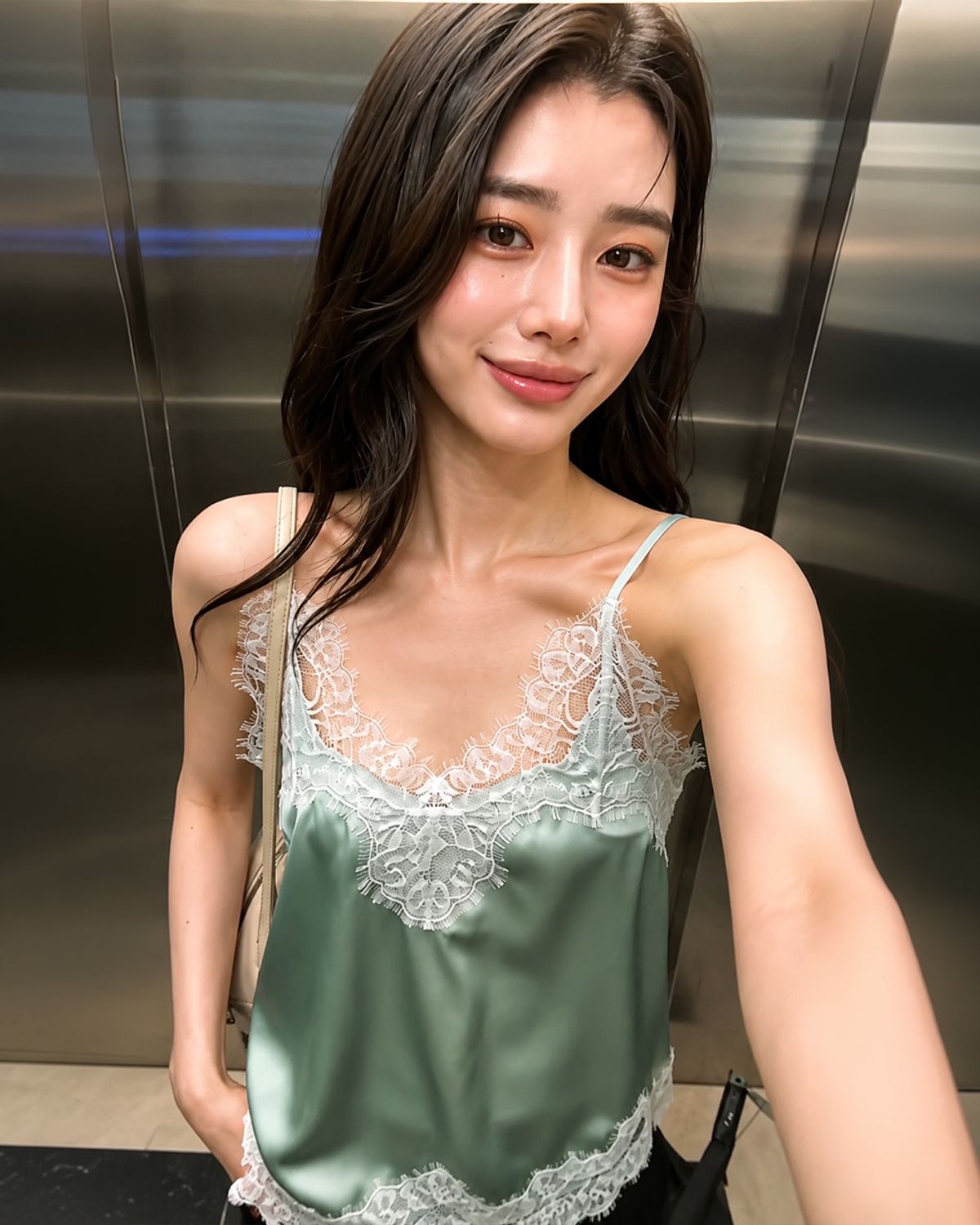 320쇼룸(320SHOWROOM) Lace Trim Satin Slip Top Mint
