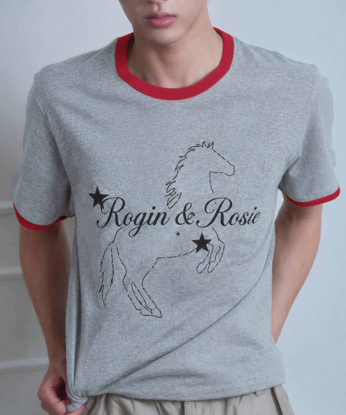 로긴 앤 로지(ROGIN N ROSIE) [Unisex] RnR Lettering horse Point Ringer T-shirt Melange gray-Red Medium