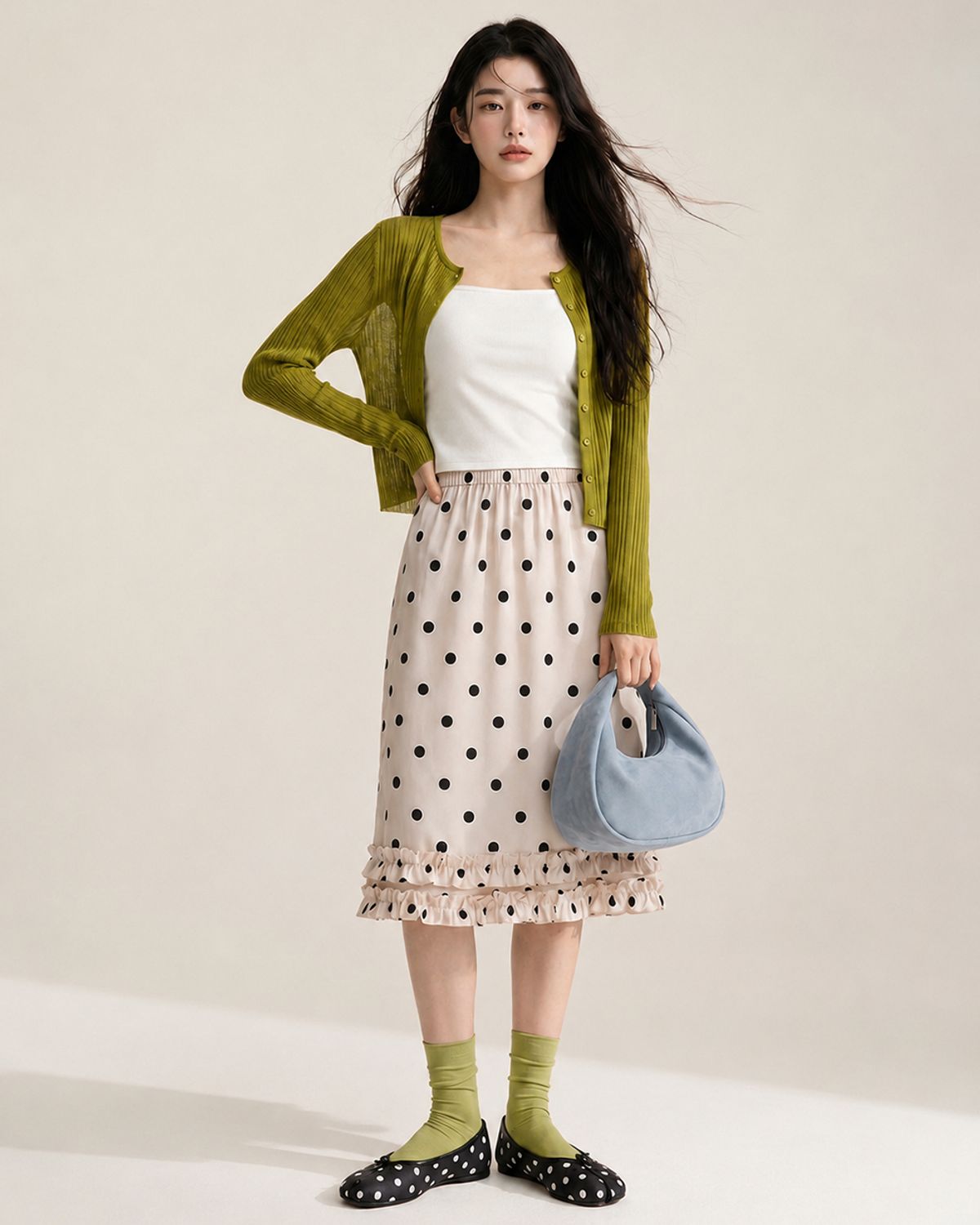 320쇼룸(320SHOWROOM) Polka Dot Satin Ruffle Elastic Waist Skirt Ivory