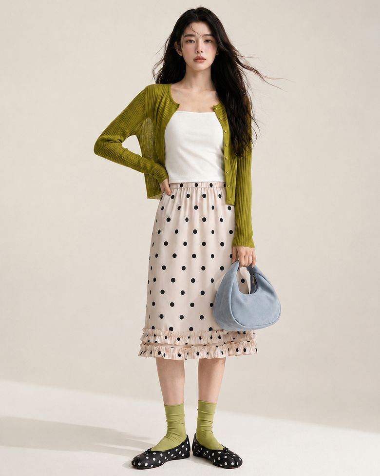 Polka Dot Satin Ruffle Elastic Waist Skirt Ivory