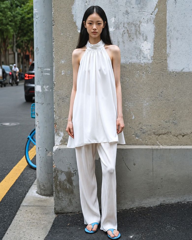Halter Neck Shirring Asymmetric Mini Dress White