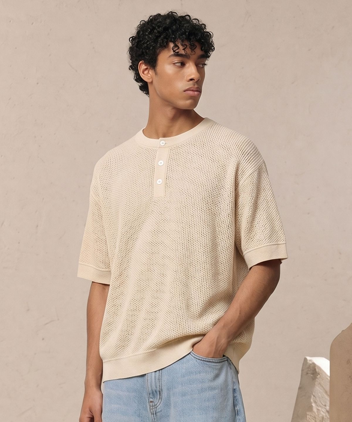 베리베인(VERYVAIN) AERO BREEZE HENLEY KNIT (LIGHT BEIGE)