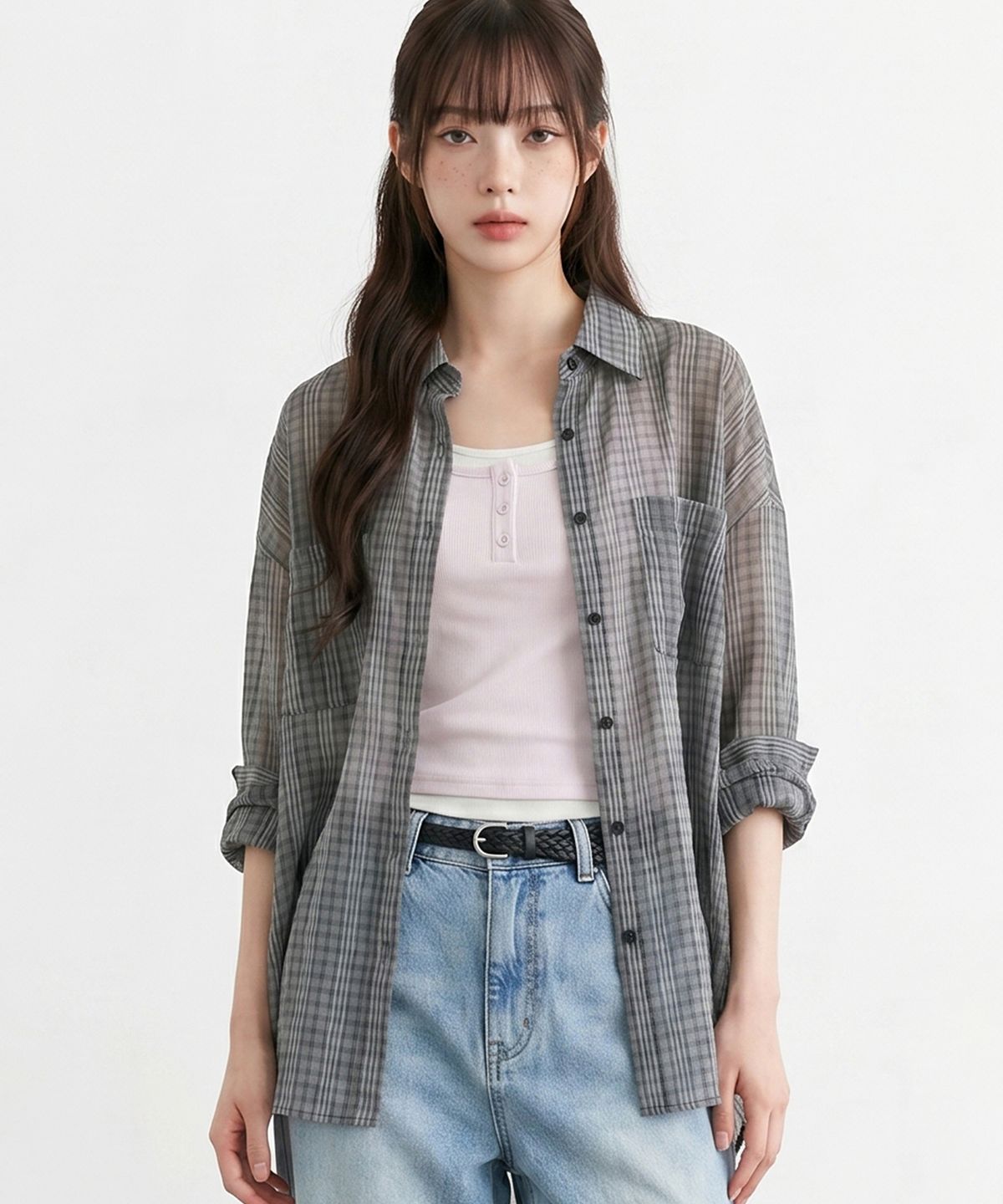 탑걸(TOPGIRL) 내추럴 링클 시스루 박시 블라우스_T611TP150