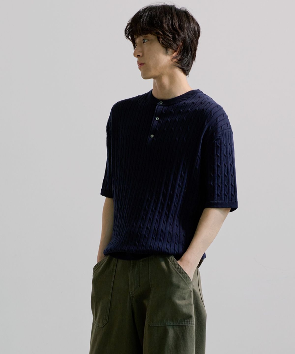 유니온블루(UNION BLUE) CABLE HENLEY HALF KNIT [NAVY]