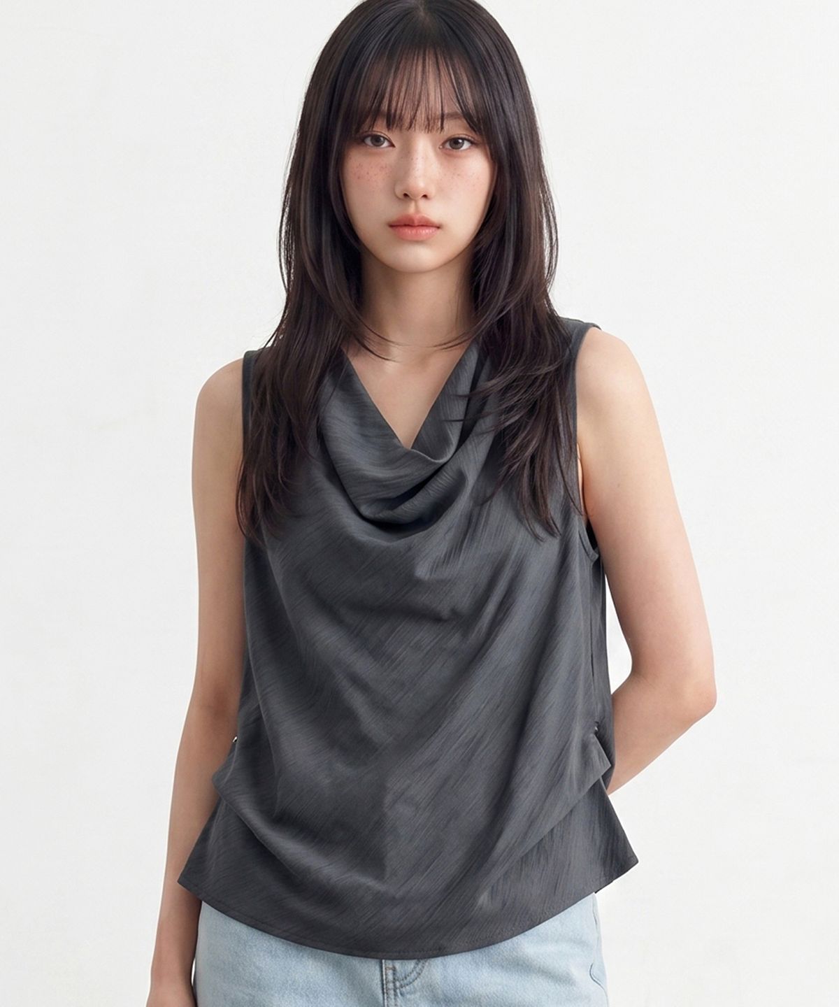탑걸(TOPGIRL) 사이드 스냅 버튼 드레이프 블라우스_T611TP152