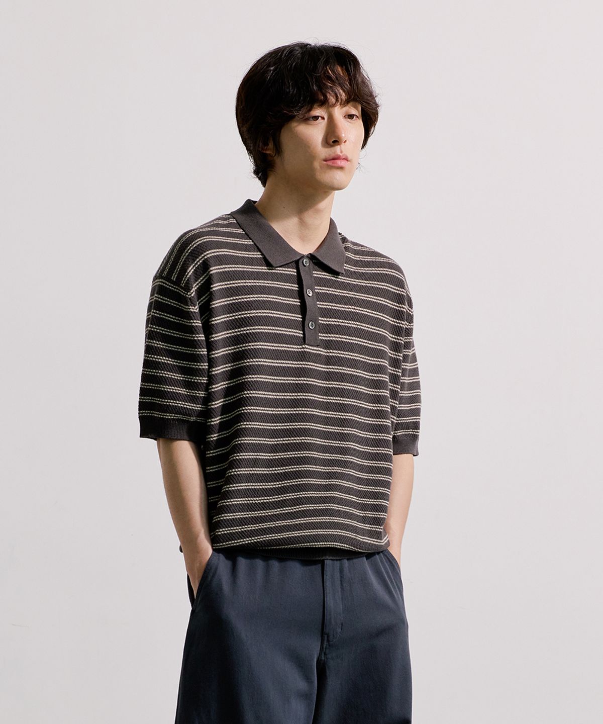 유니온블루(UNION BLUE) HARD TWIST 2LINE STRIPE POLO KNIT [EARTH KHAKI]
