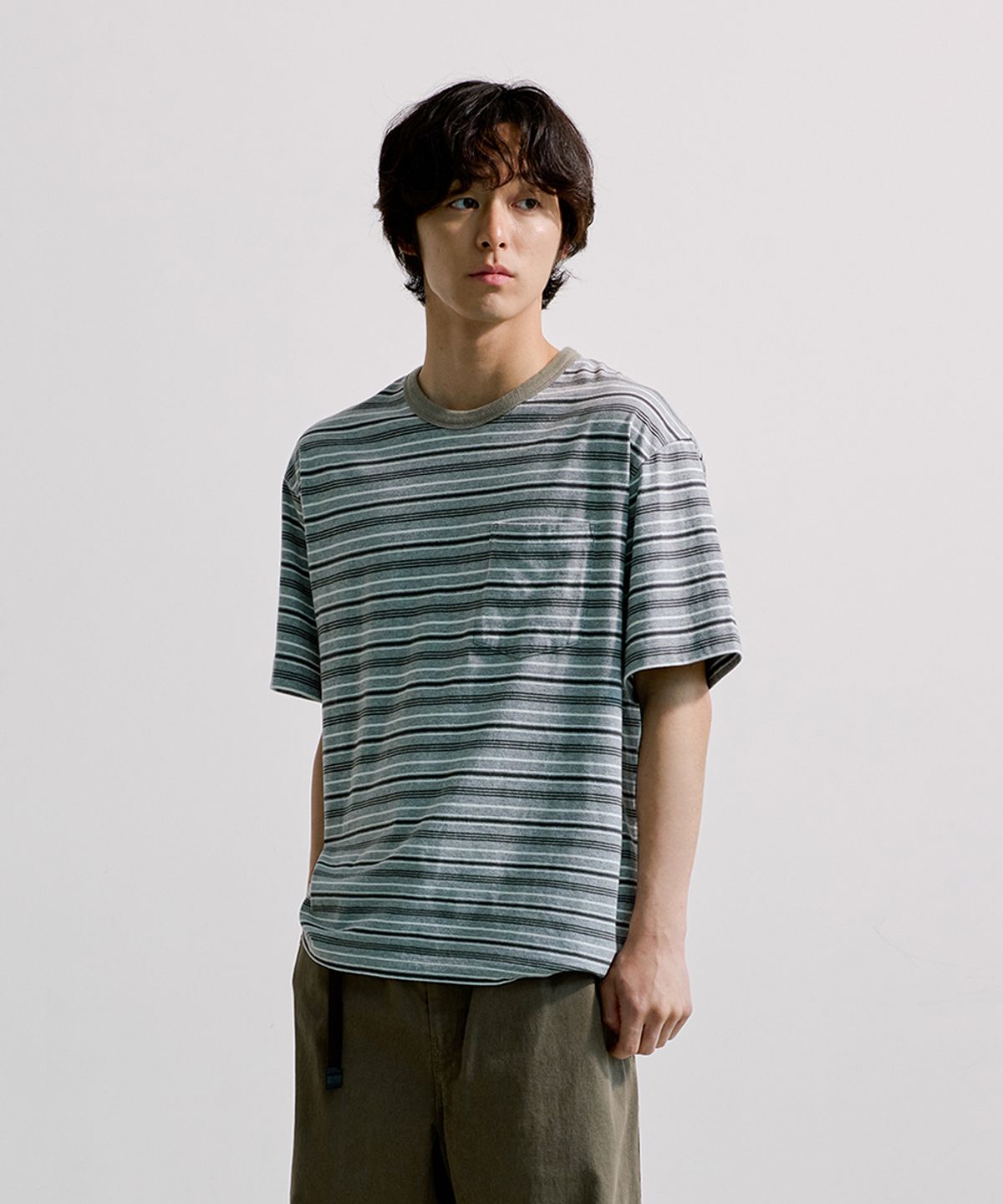 유니온블루(UNION BLUE) WASHED BORDER S/S T-SHIRT [MOSS GREEN]