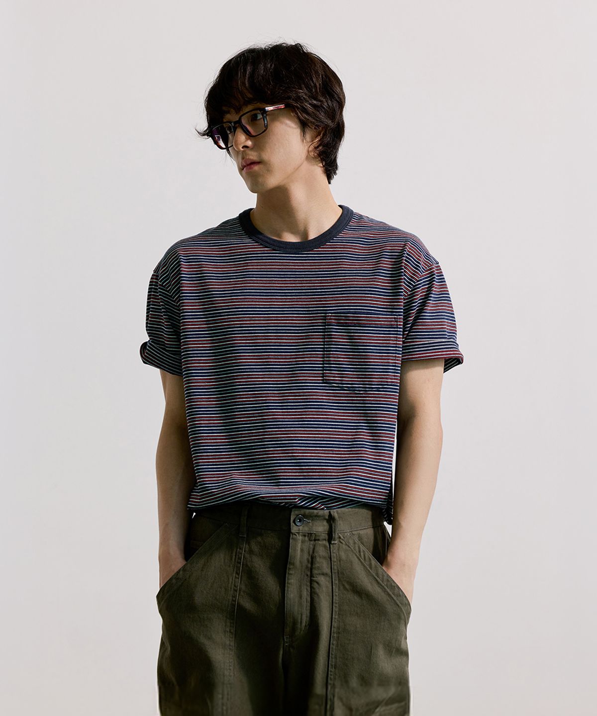 유니온블루(UNION BLUE) WASHED BORDER S/S T-SHIRT [MIDNIGHT]
