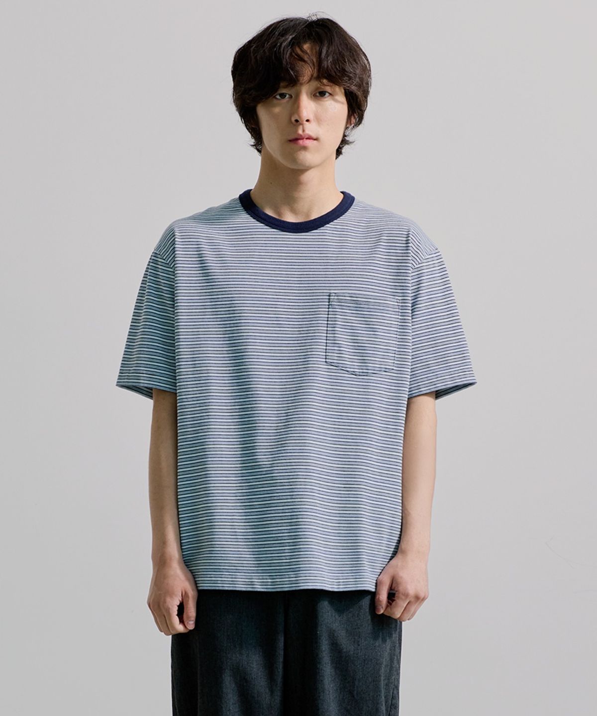 유니온블루(UNION BLUE) WASHED BORDER S/S T-SHIRT [FROST]