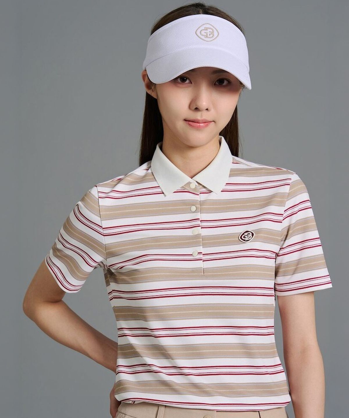 빈폴골프(BEANPOLE GOLF) 여성 스트라이프 반소매 티셔츠 - 베이지