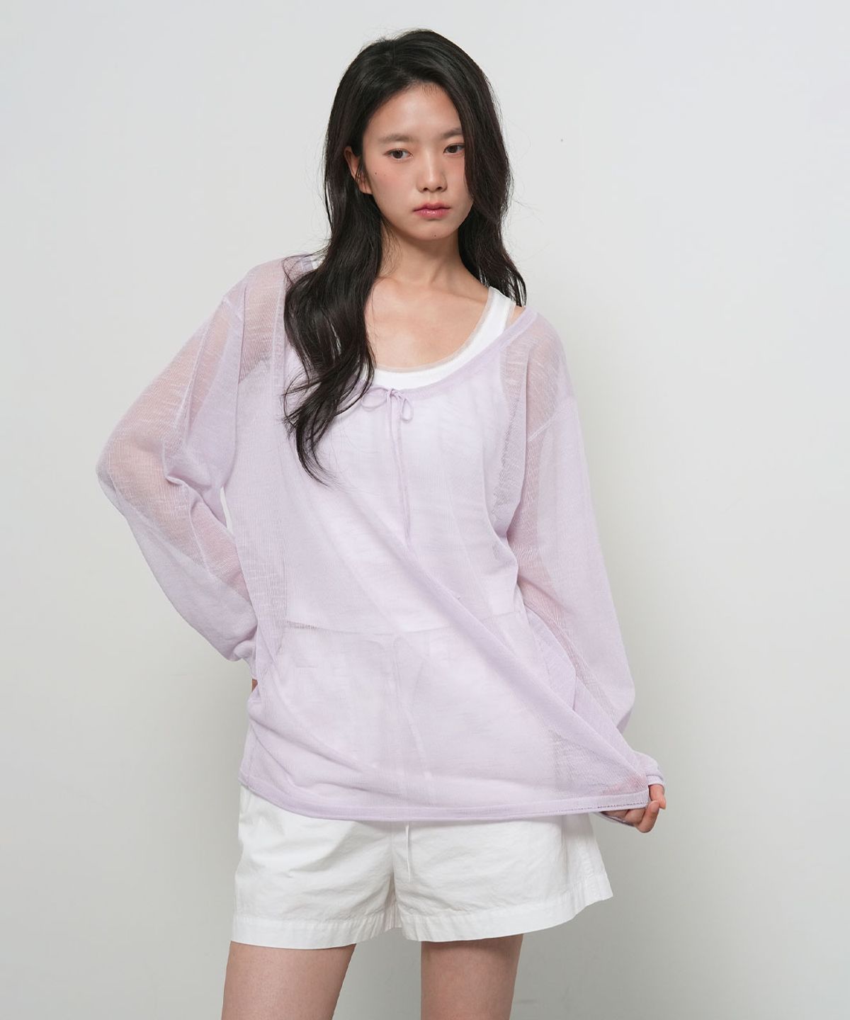 제너럴아이디어(GENERALIDEA) 시스루 넥 스트링 니트 풀오버 [LAVENDER] / GF2LKP543