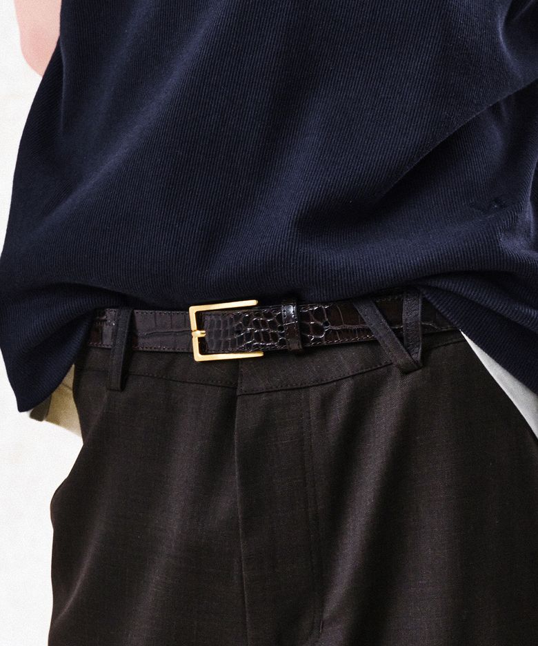 CROCO EMBOSSED GOLD SQUARE BELT (BROWN)