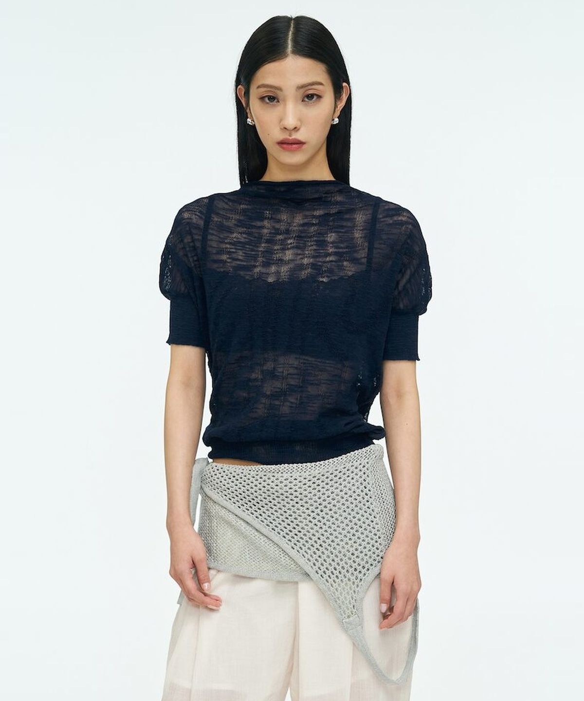 앙개(ANGGAE) Wave Knit Half Sleeve Top  Navy