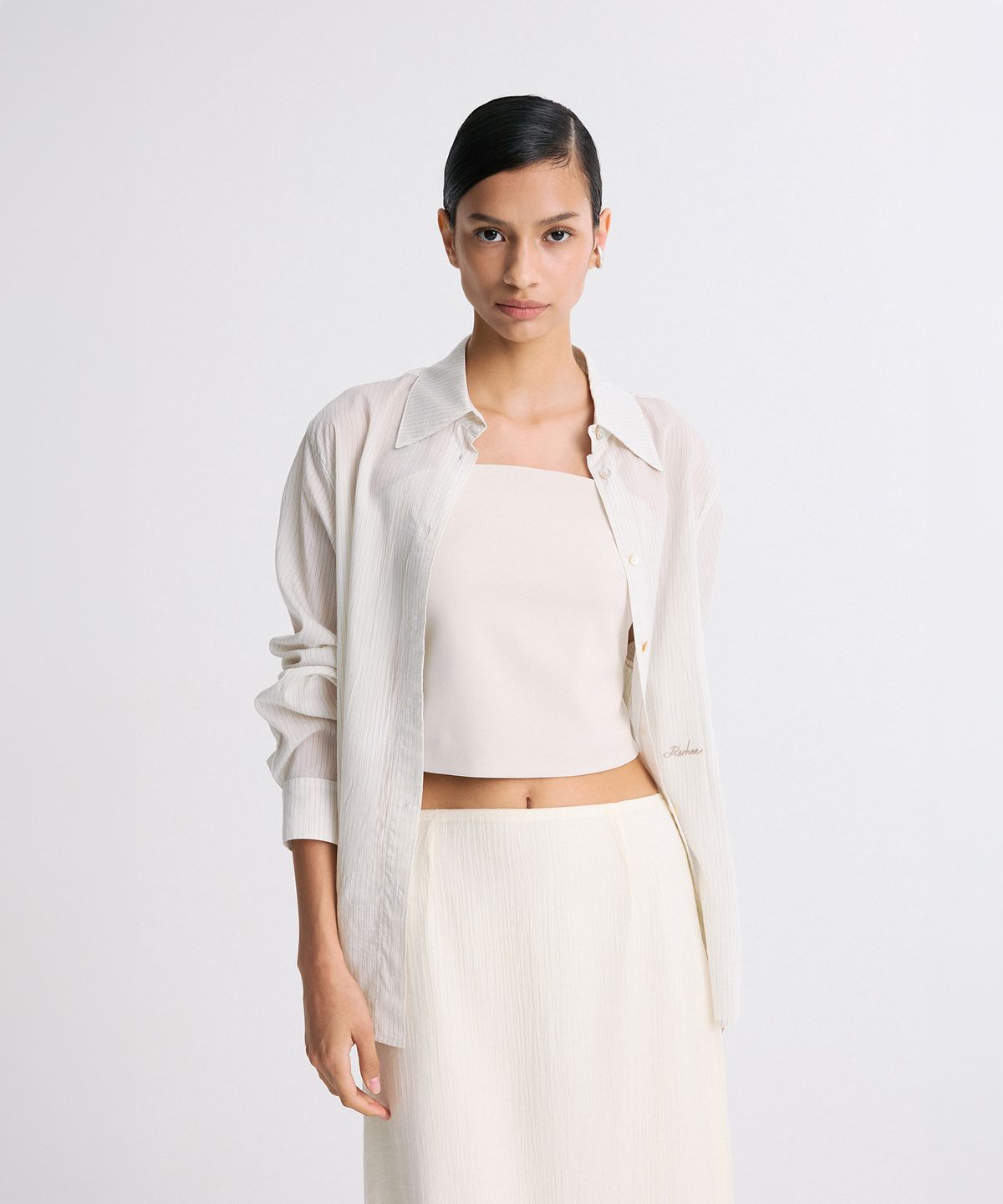 리이(RE RHEE) SHEER STRIPED SHIRT BEIGE STRIPE