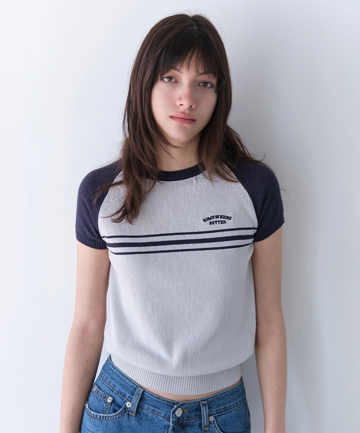 썸웨어버터(SOMEWHEREBUTTER) Cony Half Knit - Grey(Navy)