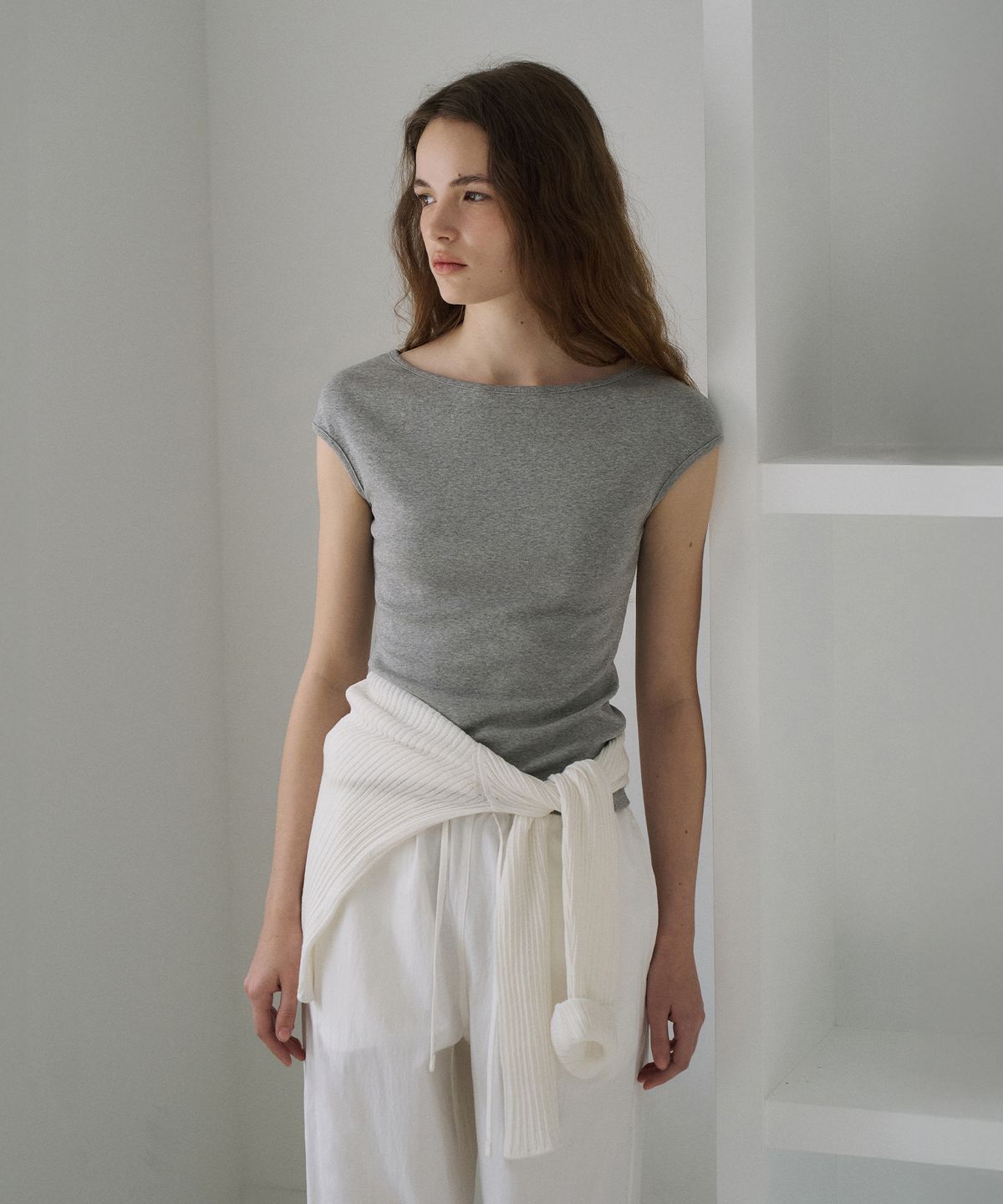 라메레이(LAMEREI) Mini Cap Sleeve Boat Neck T-Shirt[LMBFSUTT630]-Grey Melange