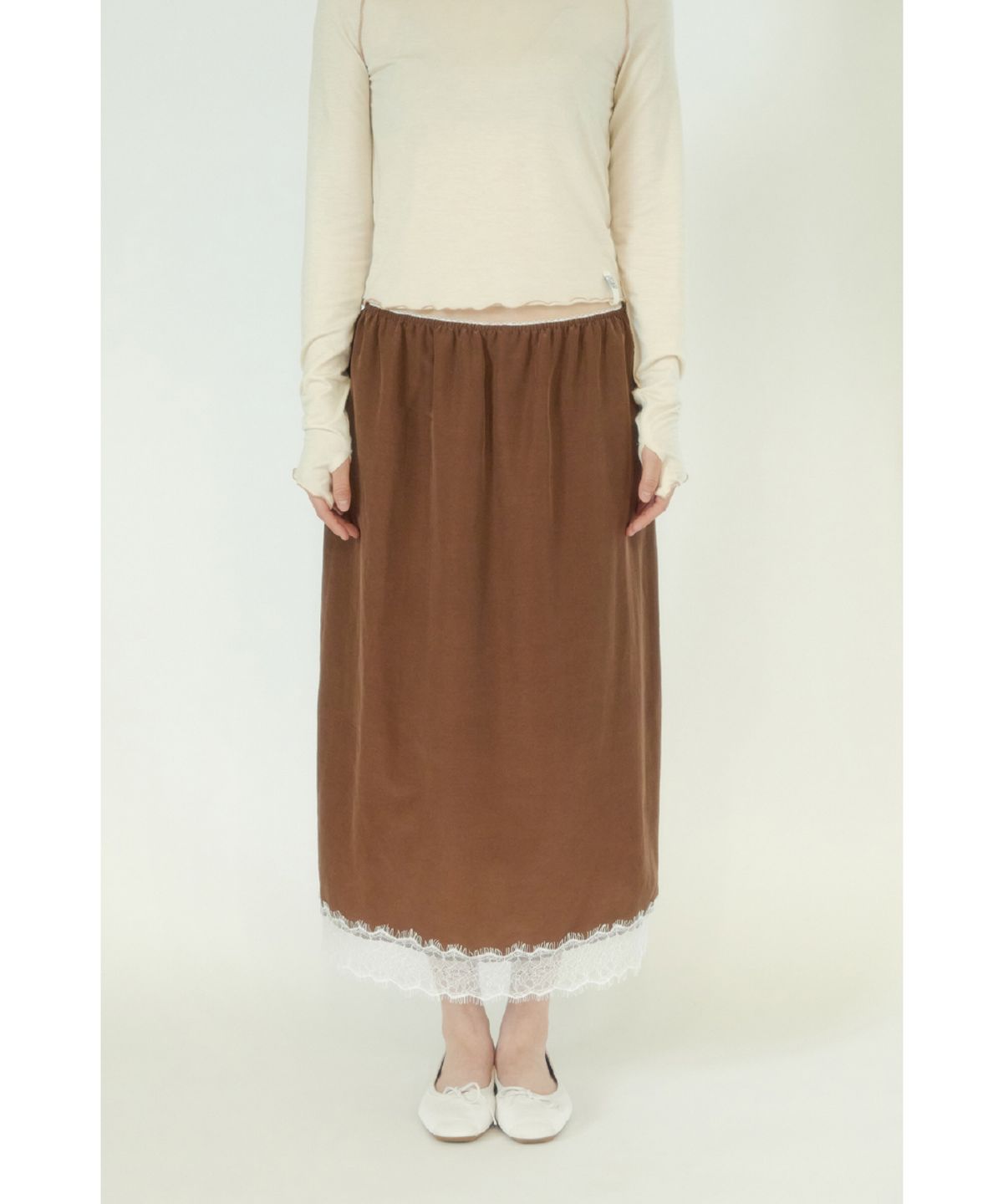 큐피도(KUPIDO) Rosette Lace Detail Skirt _ Brown