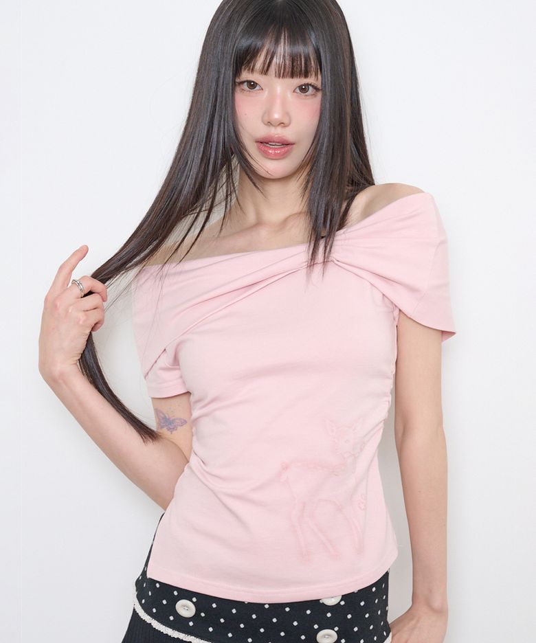 새소 디어 보우 오프숄더 티 핑크