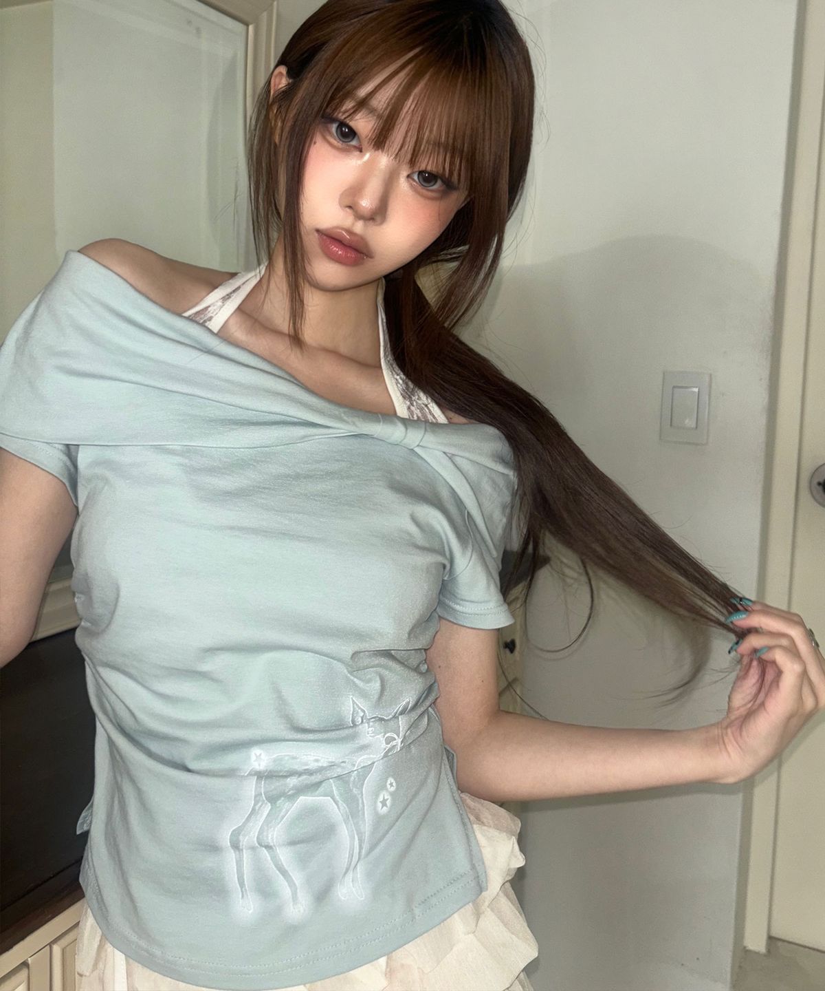 일리고(ILLIGO) 새소 디어 보우 오프숄더 티 민트