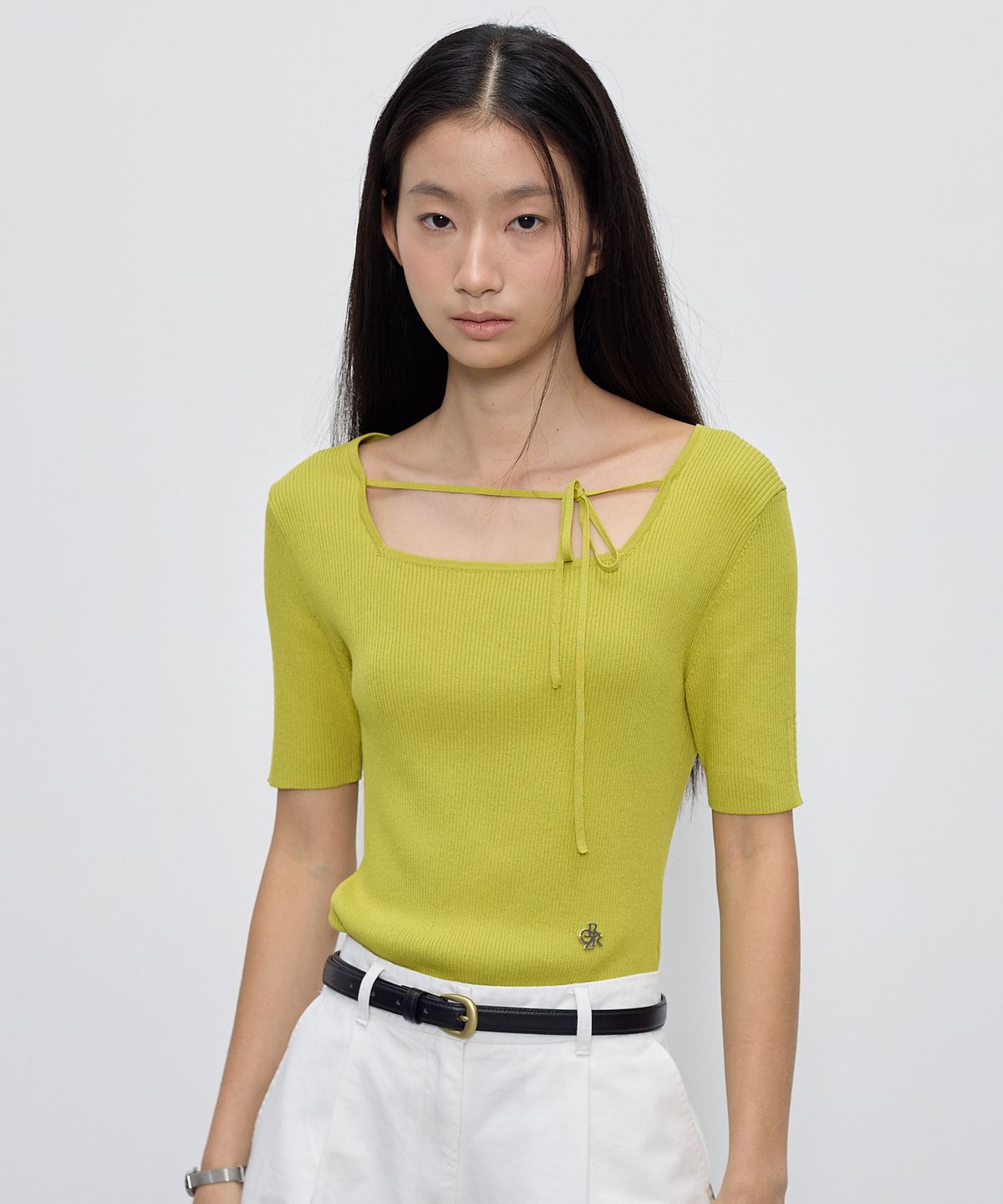 시티브리즈(CITYBREEZE) 골지 스퀘어넥 5부 니트_YELLOW GREEN
