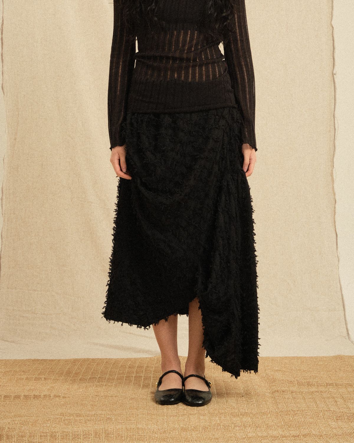 레큘리(RECULER) Ethnic drape long skirt Black