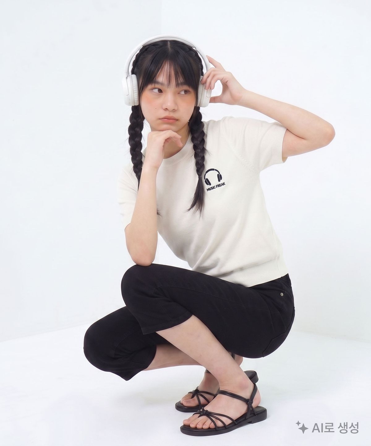뮤직프리크(MUSICFREAK) (W) Haedphone Logo Stitch Round Knits - IVORY