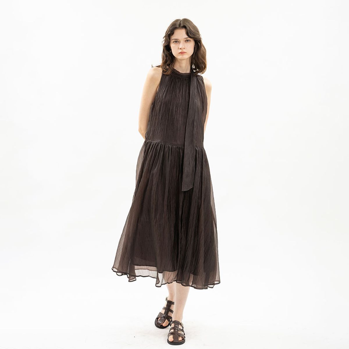 웬스데이딜라잇(WEDNESDAY DELIGHT) WD_Tie neck sheer sleeveless dress_DARK BROWN