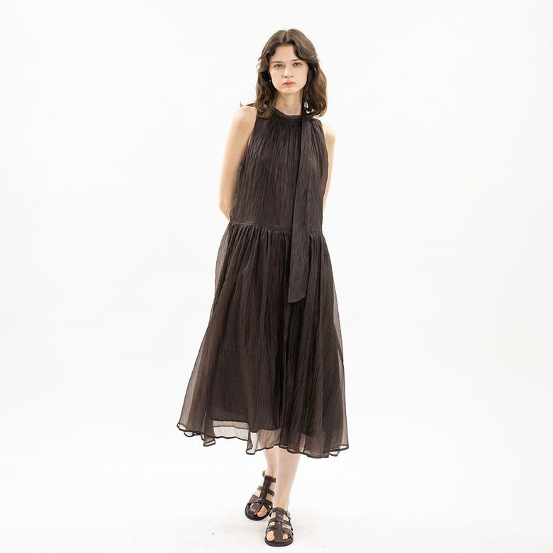 WD_Tie neck sheer sleeveless dress_DARK BROWN