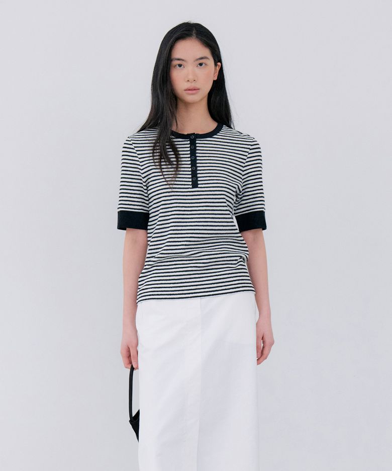 HENLY NECK HALF SLEEVE T-SHIRTS - BLACK STRIPE