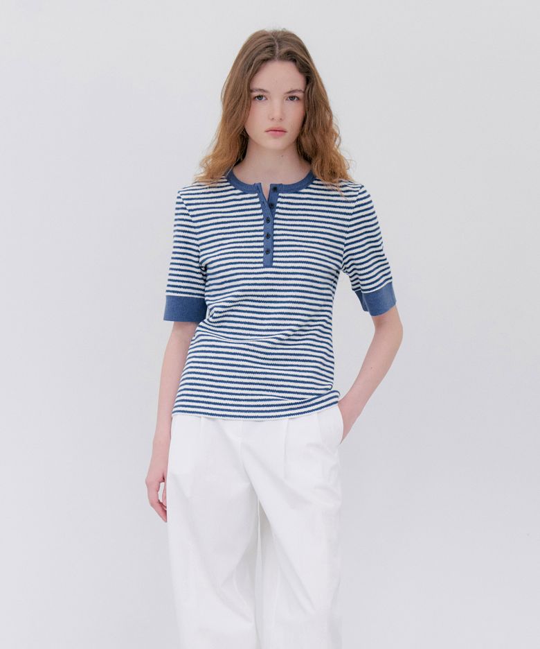 HENLY NECK HALF SLEEVE T-SHIRTS - BLUE STRIPE