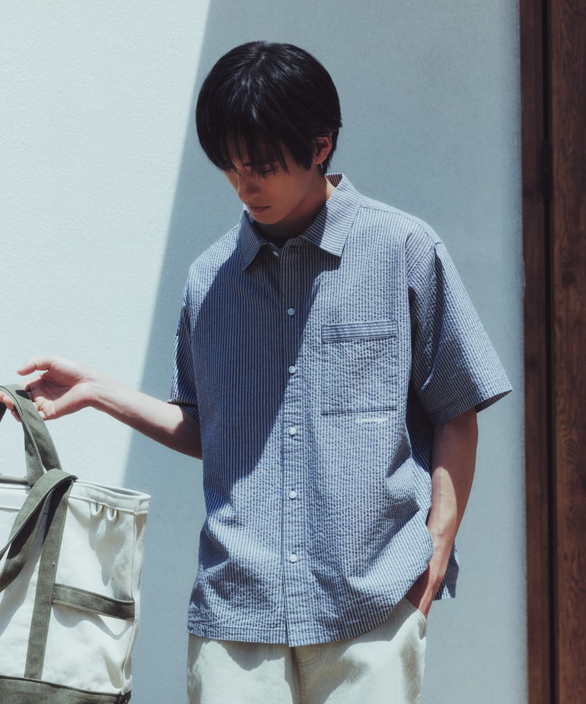 에스피오나지(ESPIONAGE) Stripe Seersucker Resort Shirt Navy