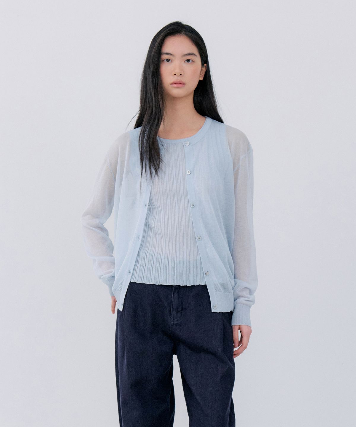 노티아(NOTIA) SHEER ROUND NECK CARDIGAN - SKY BLUE