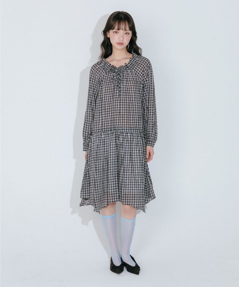 프릴넥 체크 미디 원피스 (2color)