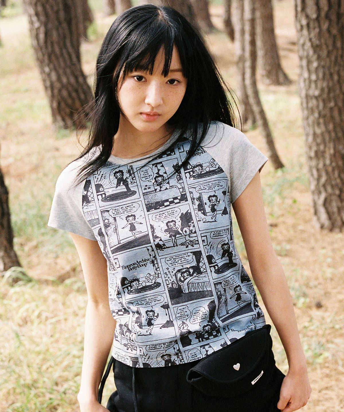 론론(RONRON) BETTY BOOP ALL OVER CARTOON RAGLAN T SHIRT GREY