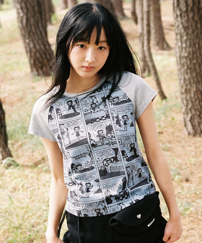 BETTY BOOP ALL OVER CARTOON RAGLAN T SHIRT GREY