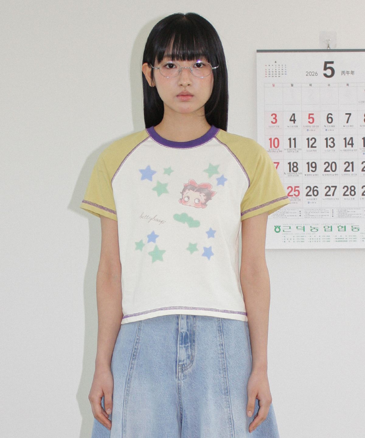 론론(RONRON) BETTY BOOP MINI STAR STITCH RAGLAN T SHIRT YELLOW