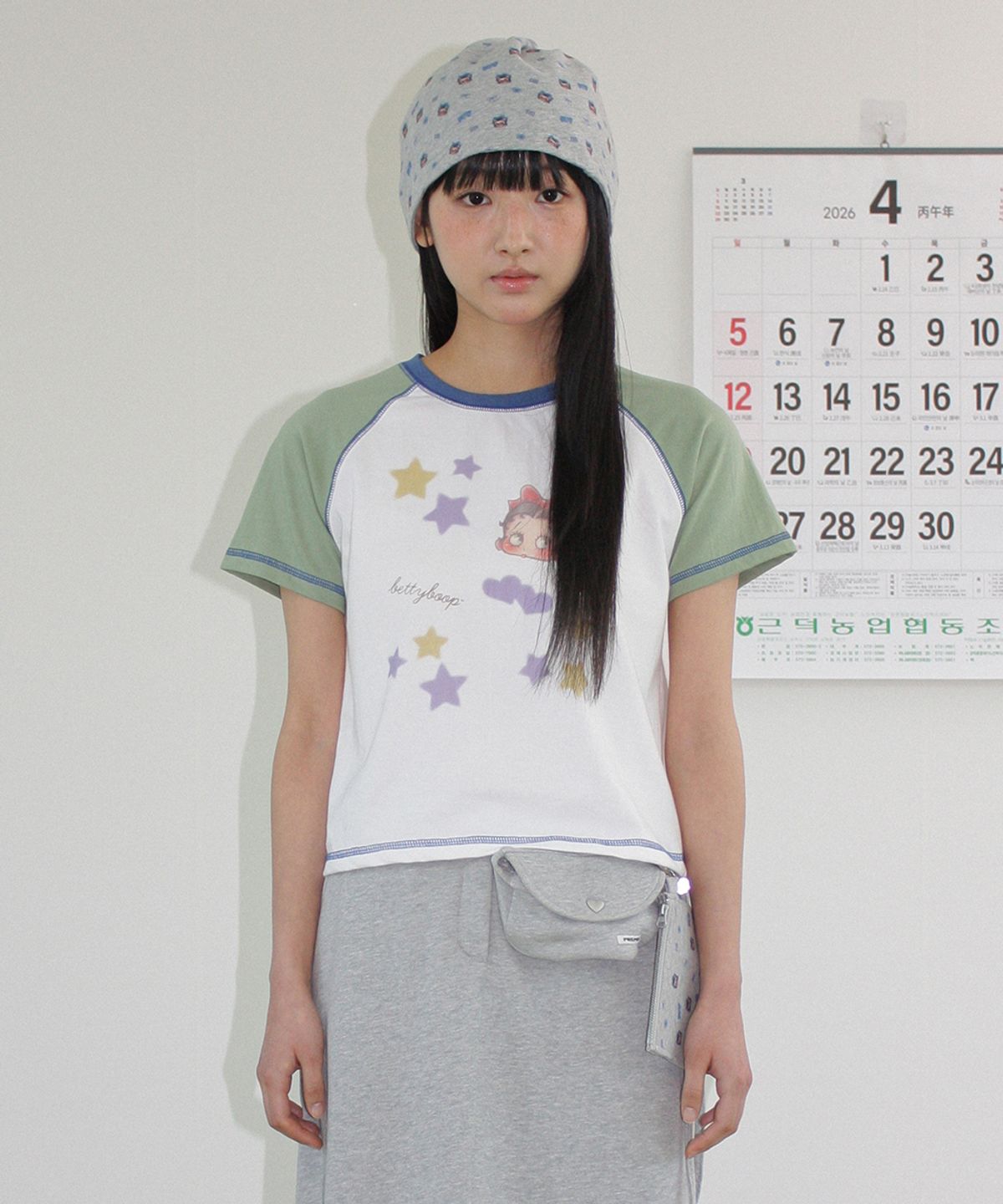 론론(RONRON) BETTY BOOP MINI STAR STITCH RAGLAN T SHIRT GREEN