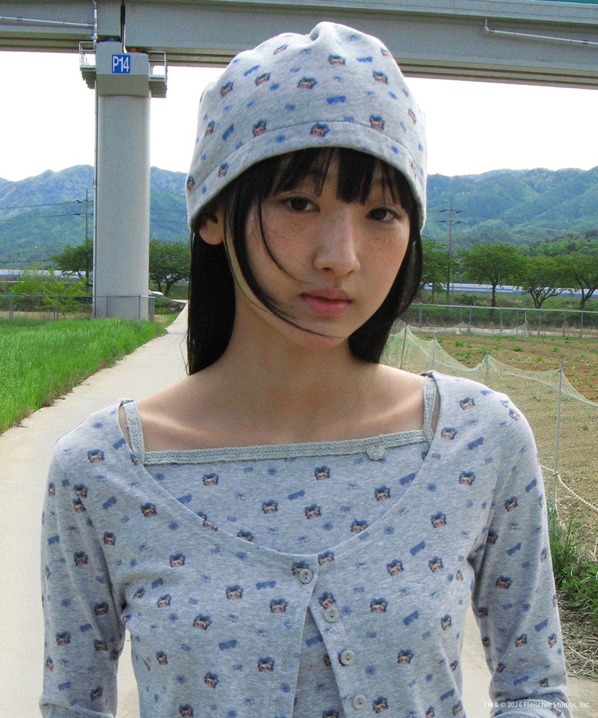 론론(RONRON) BETTY BOOP PATTERN STRING BEANIE GREY
