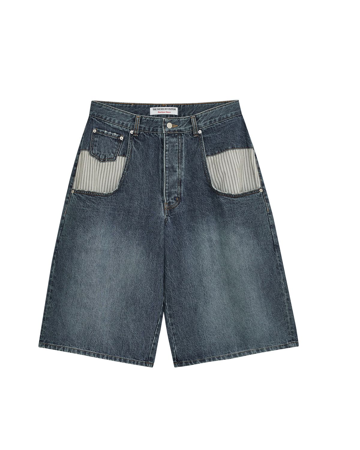 더뮤지엄비지터(THEMUSEUMVISITOR) STRIPE POCKET DENIM BERMUDA PANTS (BLUE)