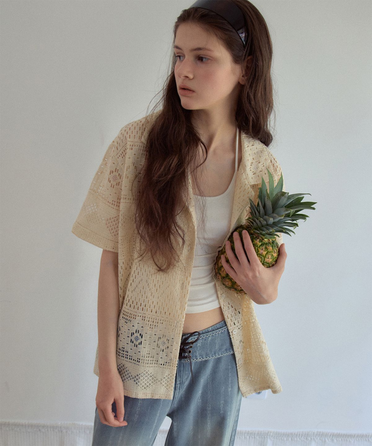 아우어노스텔지아(OURNOSTALGIA) Lace Open Collar Half Shirt_Cream(OB6SH04)