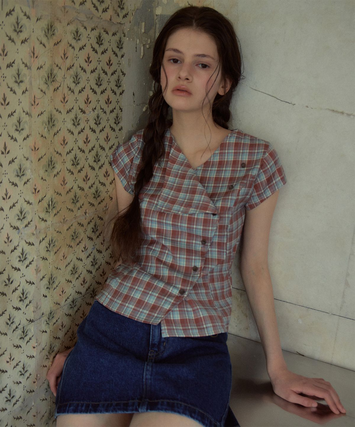 아우어노스텔지아(OURNOSTALGIA) Asymmetrical Check Half Shirt_Dark Red(OB6BL09)