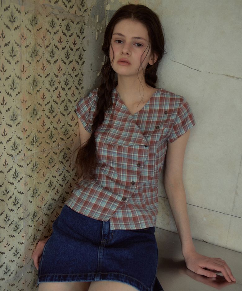 Asymmetrical Check Half Shirt_Dark Red(OB6BL09)
