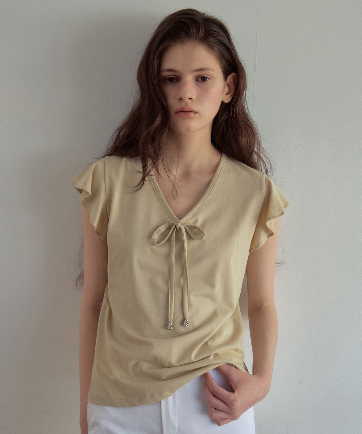 아우어노스텔지아(OURNOSTALGIA) Silket V-Neck Flare Sleeve T-Shirt_Dark Yellow(OB6TP14)