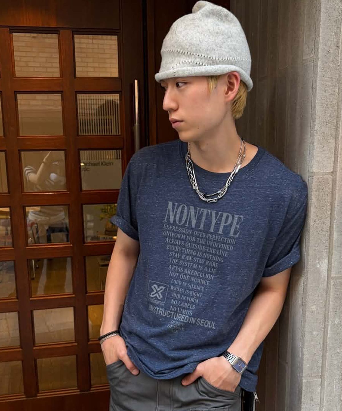 논타입(NONTYPE) CREDIT TEXT ROLL TEE (MELANGE NAVY)