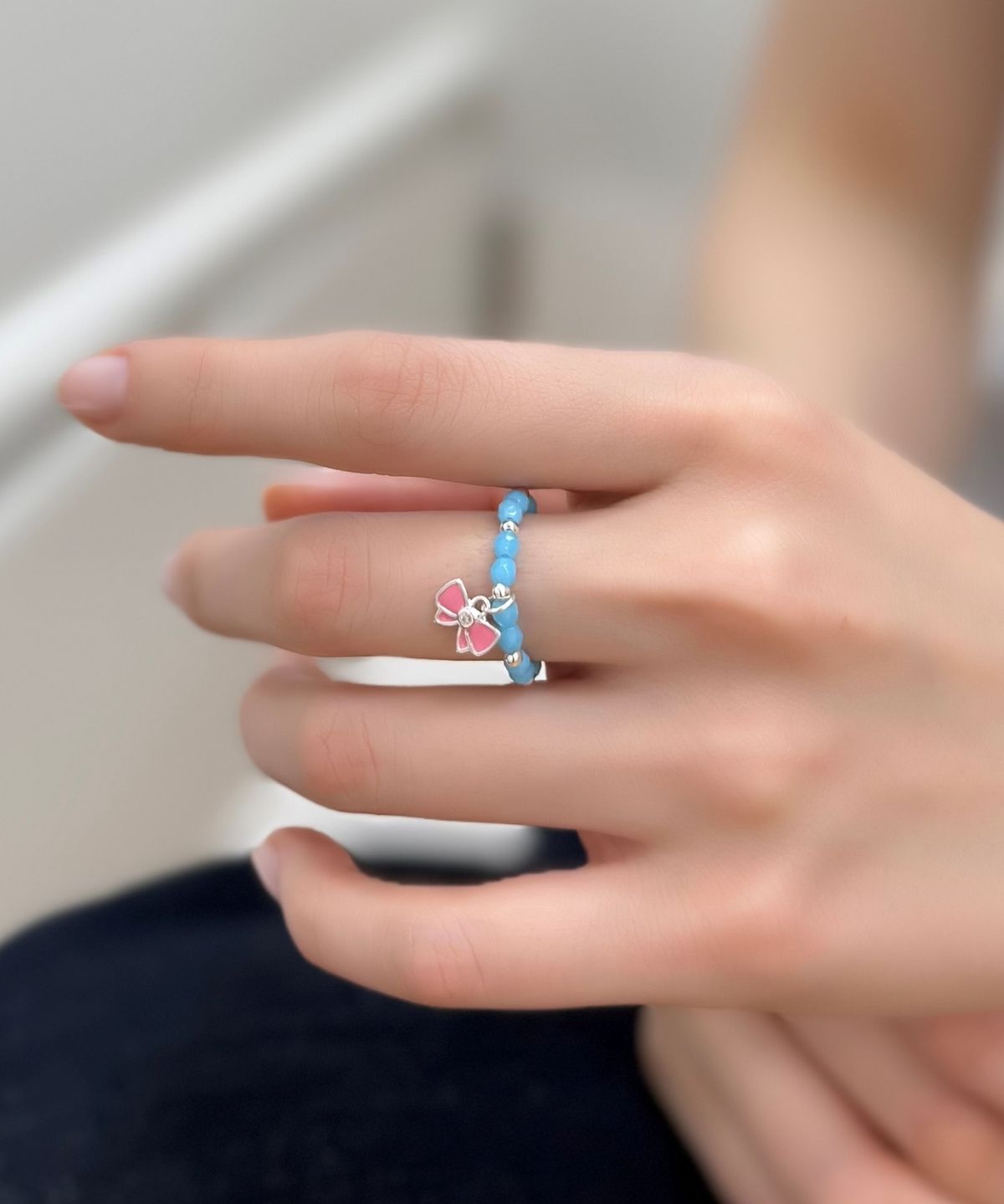 봉보(BONBEAU) Silver pink ribbon silverball beads Ring 925실버 핑크 리본 은볼 밴딩 체코 비즈 반지