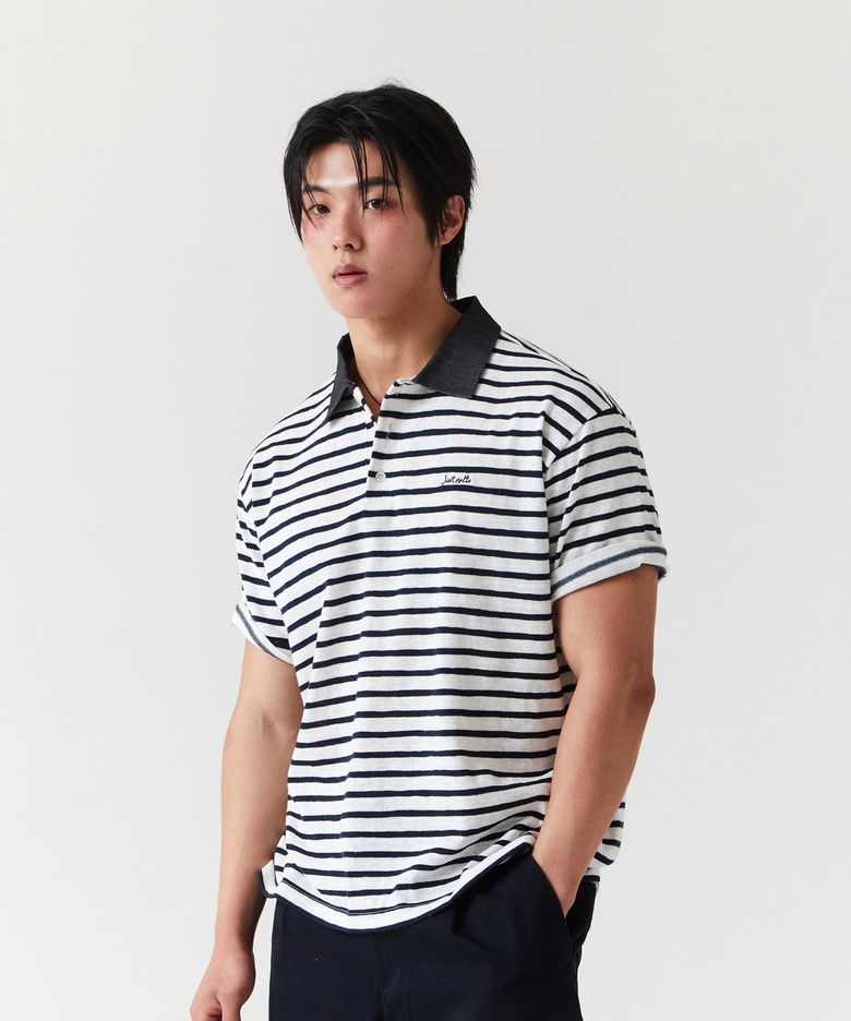 스트라이프 데님 카라 티셔츠