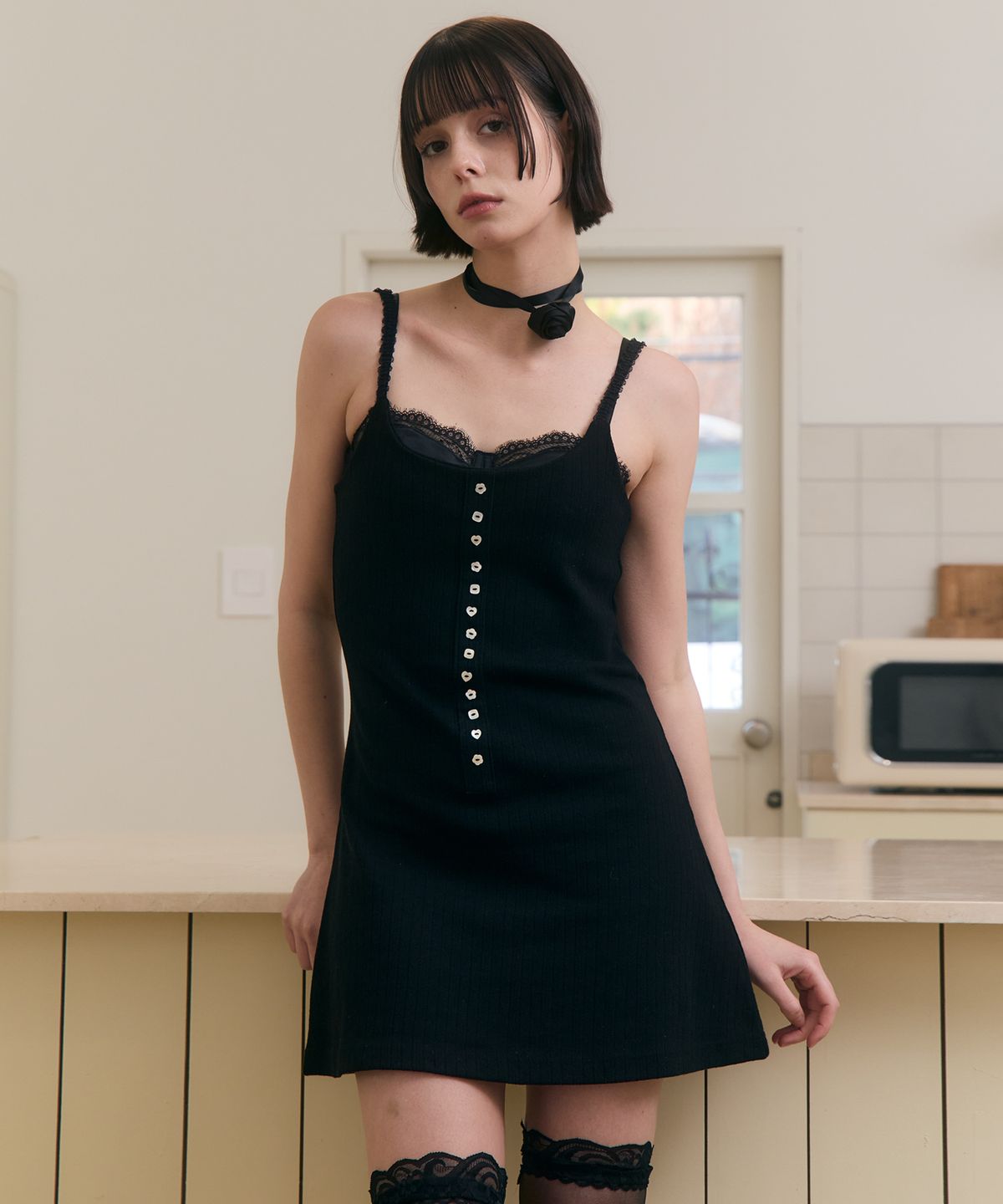 로잔느(ROSEANNE) Sweet Dreams Button Mini Dress (Black)
